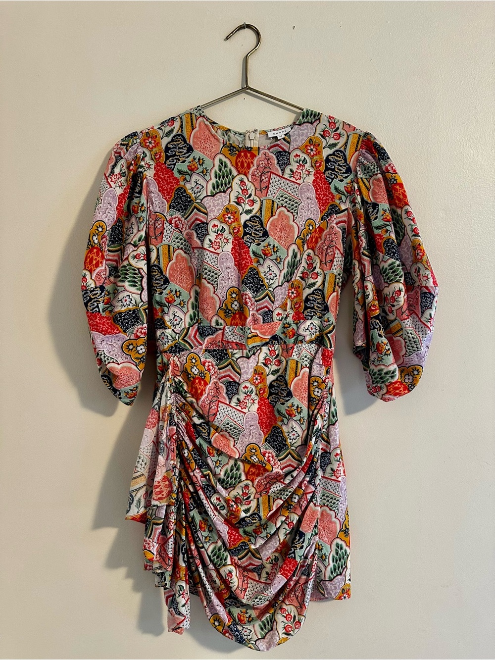 RHODE Pia Mini Dress Festival of Love Print Puff Sleeve Ruched